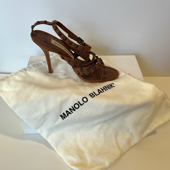 Manolo Blahnik Ibiza Bulgaro Luggage Brown Leather Studded Strappy Heels Sz 36 6 - Picture 8 of 8